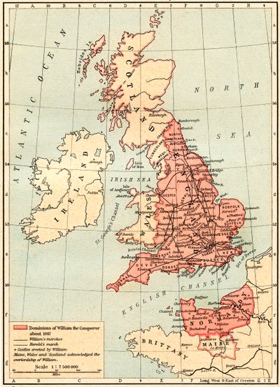 Karte von Großbritannien, die die Herrschaftsgebiete von Wilhelm dem Eroberer zeigt, ca. 1087, aus dem Historischen Atlas, veröffentlicht 1923 von Unbekannt Unbekannt